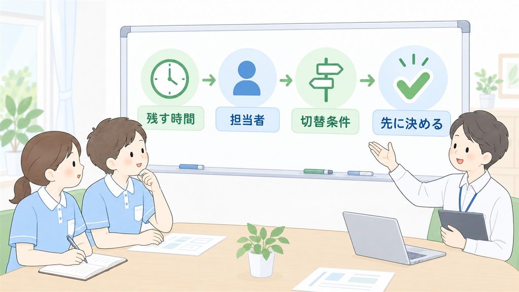 本部と現場が残す時間、担当者、切替条件を追加業務の前に確認する流れを描いた図解です。