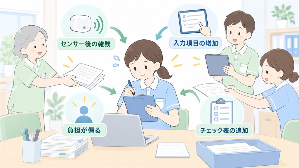 効率化後に雑務や入力項目、チェック表が増え、一人の職員へ負担が集まる様子を描いた図解です。