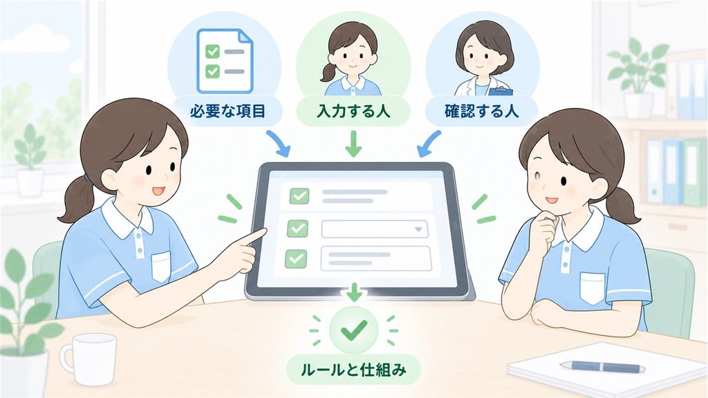 記録ICTの項目、入力者、確認者を定め、ルールと仕組みにまとめる流れを描いた図解です。