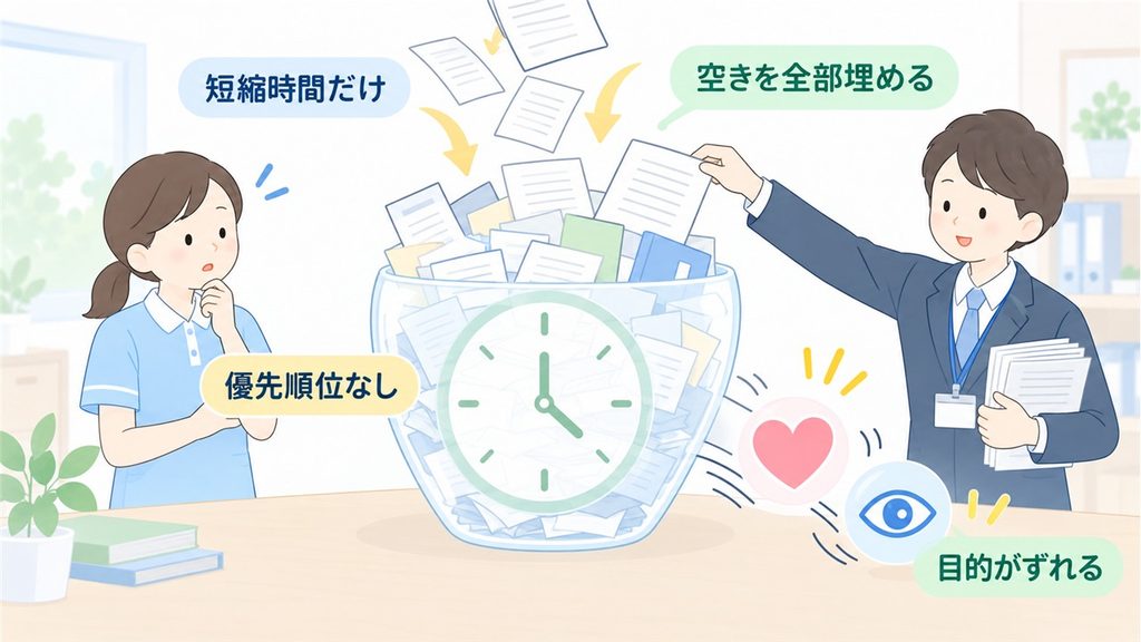 短縮時間の器が追加書類で埋まり、本来守るケアの目的が押し出される様子を描いた図解です。