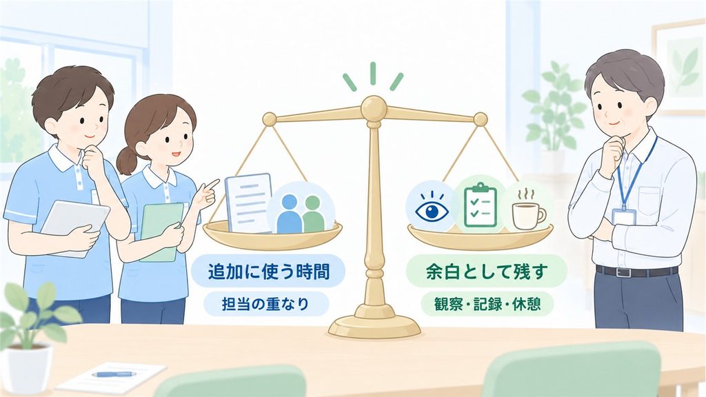 追加業務に使う時間と、観察・記録・休憩のために残す余白を天秤で比較した図解です。