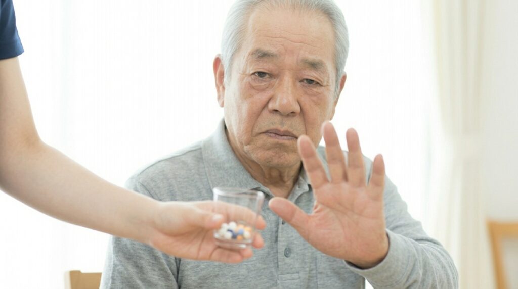 介護施設内で、高齢男性が差し出された薬の入ったカップに対して手を上げて拒否の意思を示している様子。認知症による不穏症状や服薬拒否に対し、無理に服用させず安全に配慮しながら対応する介護現場の場面。