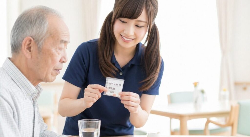 若い女性介護士が高齢男性入居者に一包化された薬を見せながら、氏名を指差して本人と一致しているか確認している場面。明るい室内でテーブル越しに向き合い、服薬前の安全確認を丁寧に行っている。