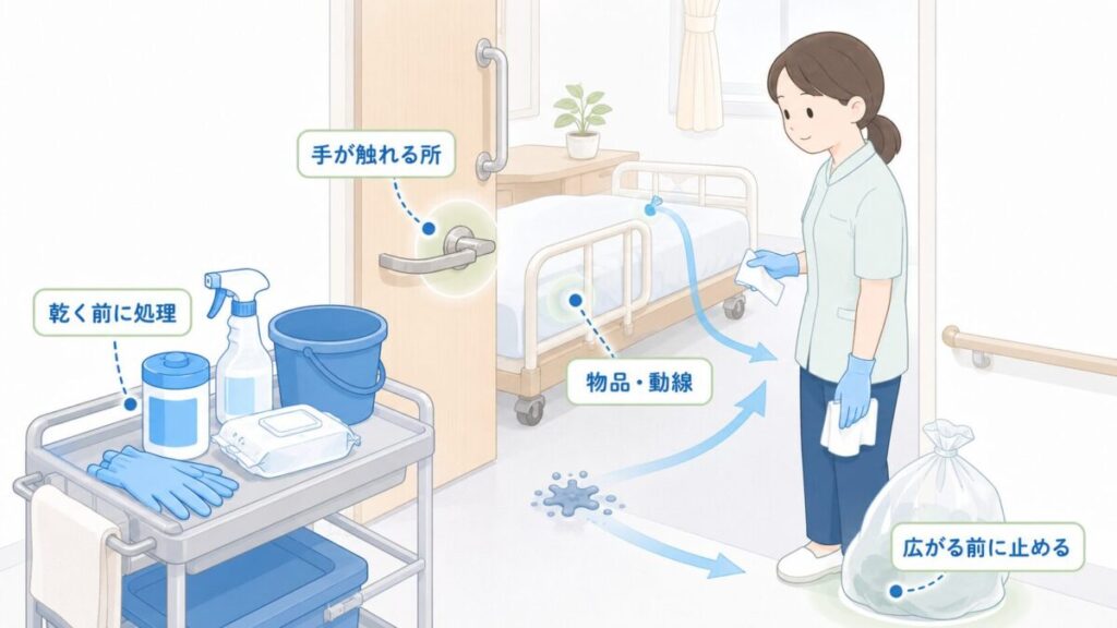 介護職員がドアノブやベッド柵、清掃物品と動線を確認し、汚染が広がる前に対処する場面を示したイラスト。