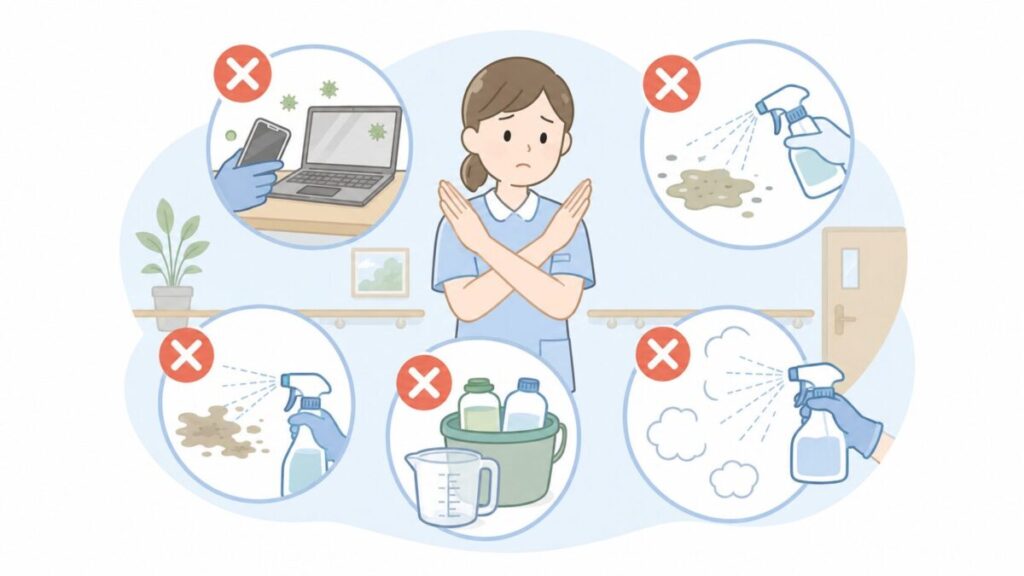 介護職員が汚染手袋で機器に触れる、消毒薬を噴霧する、薬液を混合するなどの清掃・消毒のNG行動を示したイラスト。