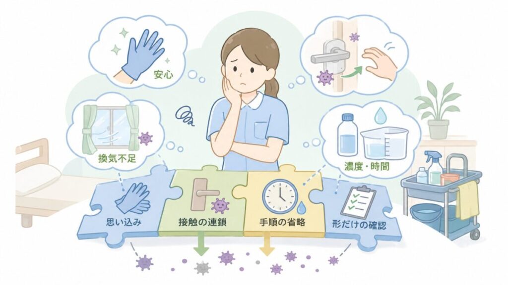 介護職員が手袋への思い込み、接触の連鎖、手順の省略、濃度や時間、換気不足を整理している図解イラスト。