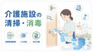 介護職員がドアノブを清掃し、高頻度接触面・ノロ対応・NG行動を示した介護施設の清掃消毒イラスト