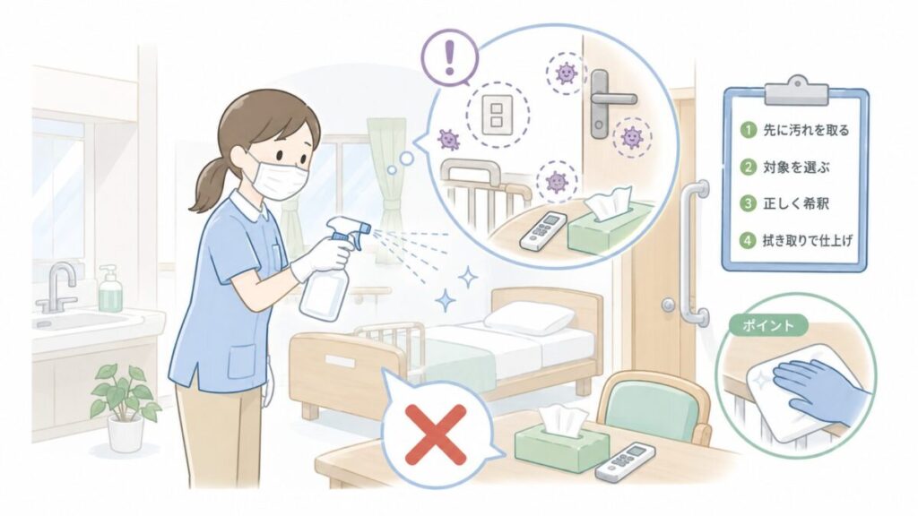 介護職員が消毒薬を噴霧するだけでは不十分で、汚れの除去や適切な希釈、拭き取りが必要なことを示したイラスト。