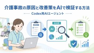 「介護事故の情報をAIで分析し、原因整理から改善策の提案につなげる流れを示したイラスト」