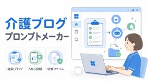 介護ブログやSNS投稿の内容を整理し、AIへの依頼ファイルを作成するアプリのイメージ。