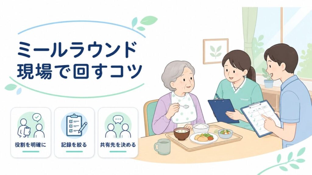 ミールラウンドで利用者の食事を観察し、介護職同士で記録と役割を共有している様子。