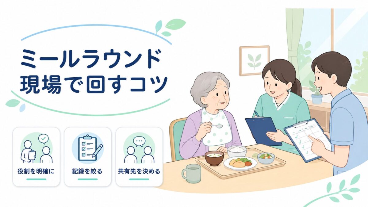 ミールラウンドで利用者の食事を観察し、介護職同士で記録と役割を共有している様子。