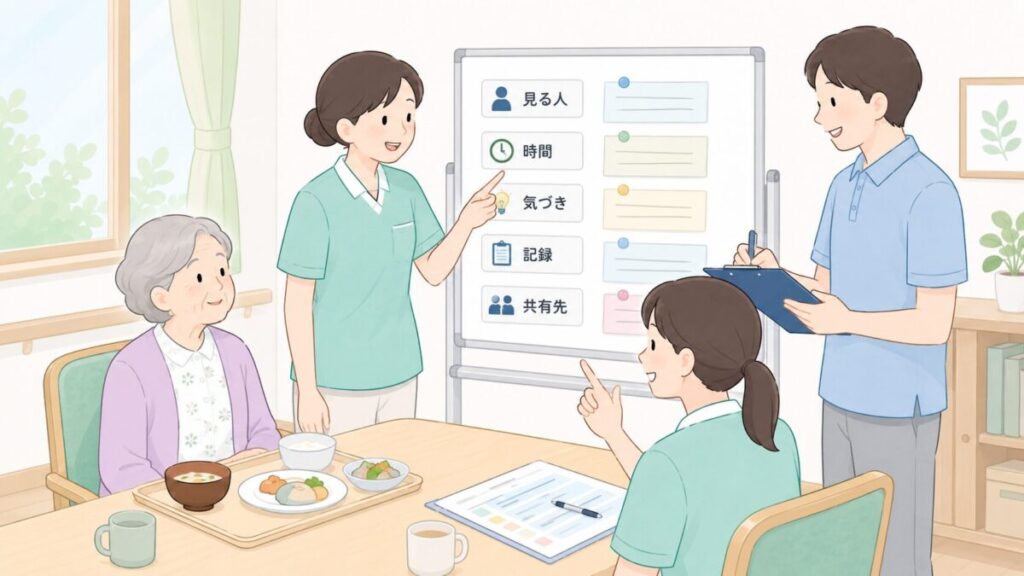 利用者の食事場面を前に、介護職員がホワイトボードで見る人、時間、記録、共有先を整理し、役割分担を確認している様子。
