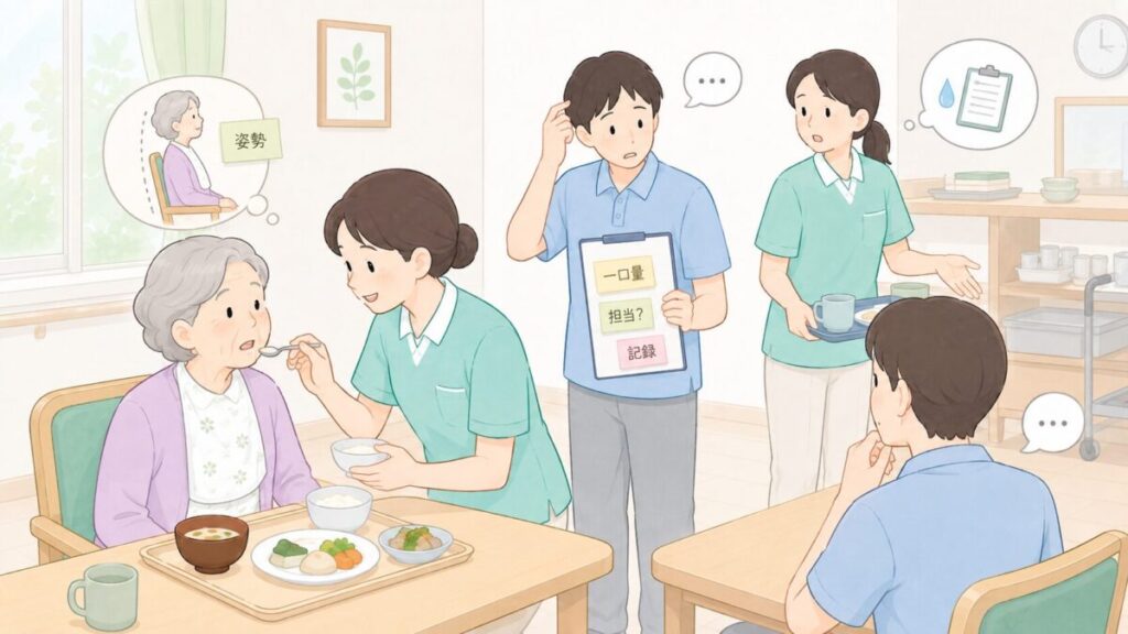 食事介助中、姿勢や一口量、記録の注意点は共有されているものの、担当が曖昧で職員が対応に迷っている様子。