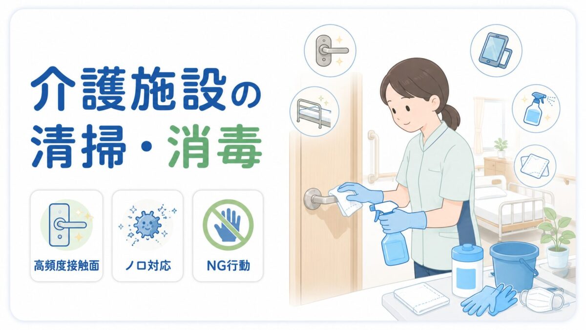 介護職員がドアノブを清掃し、高頻度接触面・ノロ対応・NG行動を示した介護施設の清掃消毒イラスト