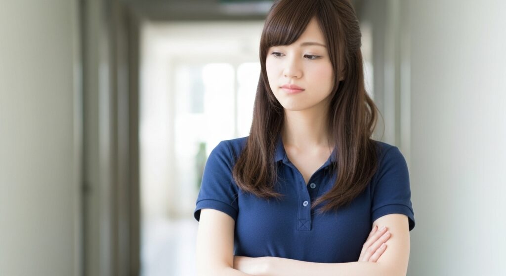 介護施設の室内で腕を組み、イライラした表情を浮かべている若い女性介護職員。仕事のストレスや人間関係の悩みを抱える介護士のイメージ