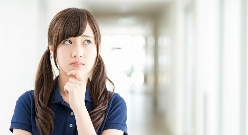 介護施設の廊下で顎に手を当てて考え込む若い女性介護職員。仕事の悩みや対応方法を考えている介護士のイメージ