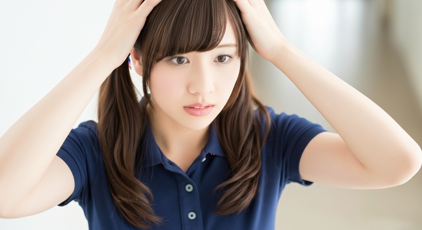 介護施設の室内で頭を抱えて困った表情を見せる若い女性介護職員。業務の負担や人手不足で悩む介護士のストレスイメージ