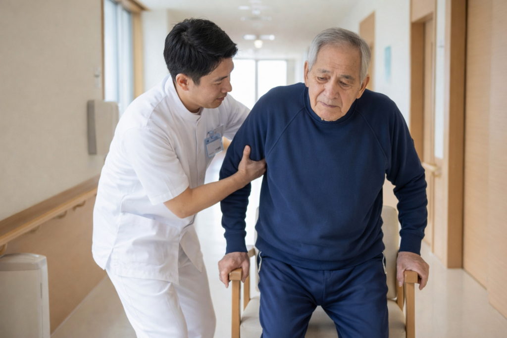 介護施設の廊下で、白衣の介護職員が高齢男性の上腕を支えながら、椅子からの立ち上がり動作を安全に介助している様子。転倒予防に配慮し、前傾姿勢を保ちながら下肢筋力を活かした起立動作をサポートしているリハビリ支援の場面。