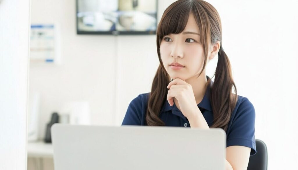 介護施設の廊下で、若い女性介護職員が前かがみになりながら考え込んでいる。失敗後の反省や業務負担を感じているような場面。