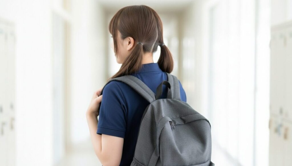リュックを背負った若い女性介護職員の後ろ姿。退職、帰宅、転職、不安を抱えながら去るイメージ。