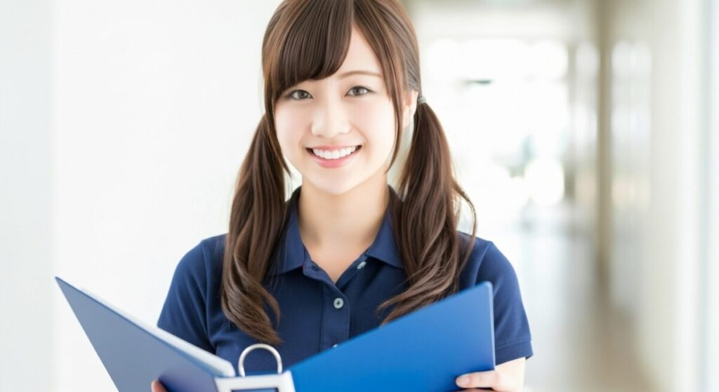 青いファイルを持ちながら正面を見る若い女性介護職員。重要書類、契約、報告書、苦情対応など少し重いテーマ向け。