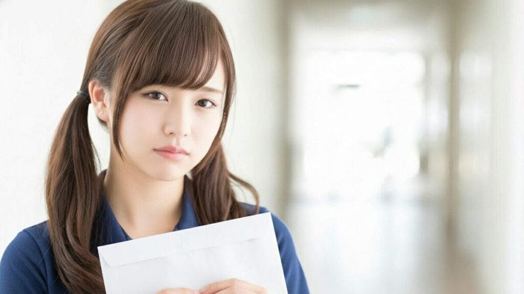 青いファイルを持ちながら正面を見る若い女性介護職員。重要書類、契約、報告書、苦情対応など少し重いテーマ向け。
