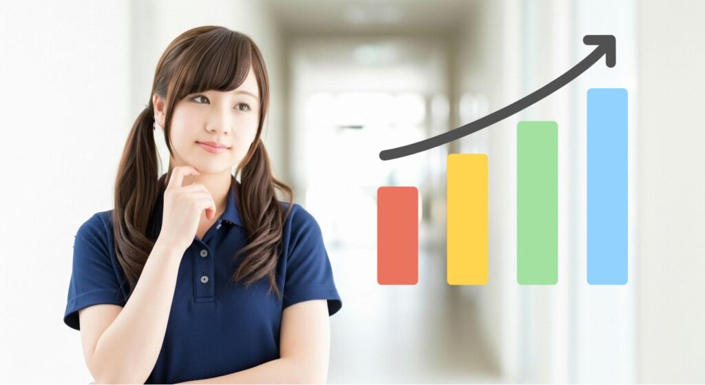 介護施設内でネイビーの制服を着た若い女性介護職員が将来を考えるように顎に手を当てている姿と、右側に右肩上がりのグラフが表示されたイメージ。介護職のキャリアアップや給与改善、スキル向上による成長を示唆する場面。