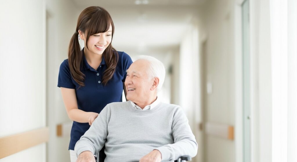 介護施設の廊下で、女性介護職員が車椅子に座る高齢男性を優しく見守りながら移動をサポートしている様子。利用者と笑顔で会話を交わしながら、安全に配慮して日常生活の移動支援を行っている介護現場の場面。
