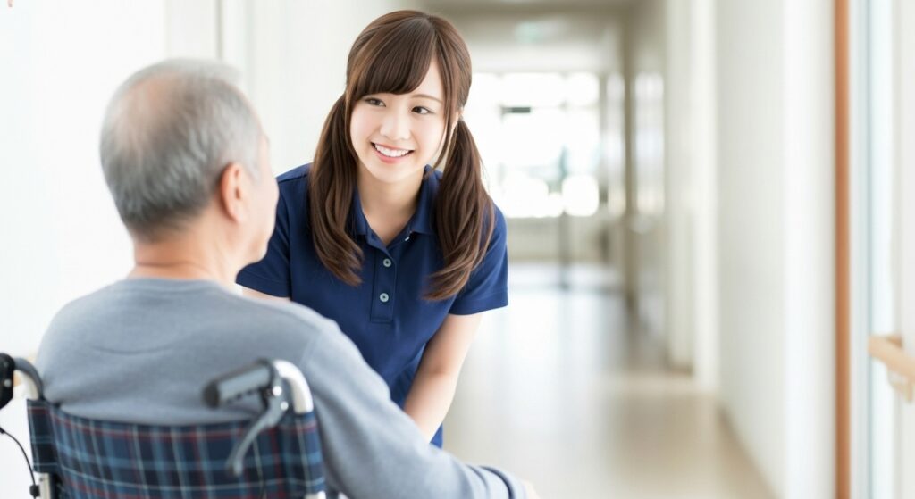 介護施設の廊下で、女性介護職員が車椅子に座る高齢男性の目線に合わせて笑顔で話しかけている様子。安心感を与える声かけと信頼関係づくりを大切にした、日常的なコミュニケーションケアの場面。