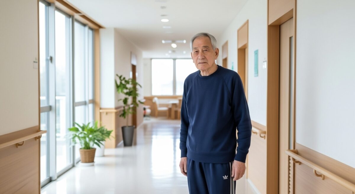 廊下に立つ高齢男性の単独カット。不穏、徘徊、帰宅願望、孤独感、認知症関連記事向け。