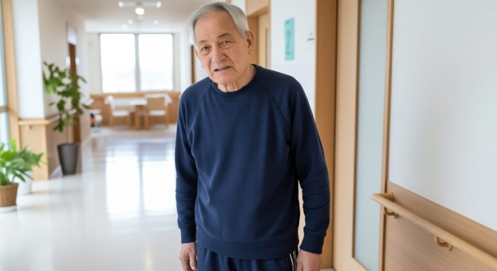 廊下に立つ高齢男性の単独カット。不穏、徘徊、帰宅願望、孤独感、認知症関連記事向け。