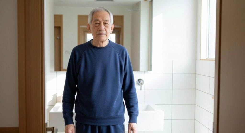 廊下に立つ高齢男性の単独カット。不穏、徘徊、帰宅願望、孤独感、認知症関連記事向け。