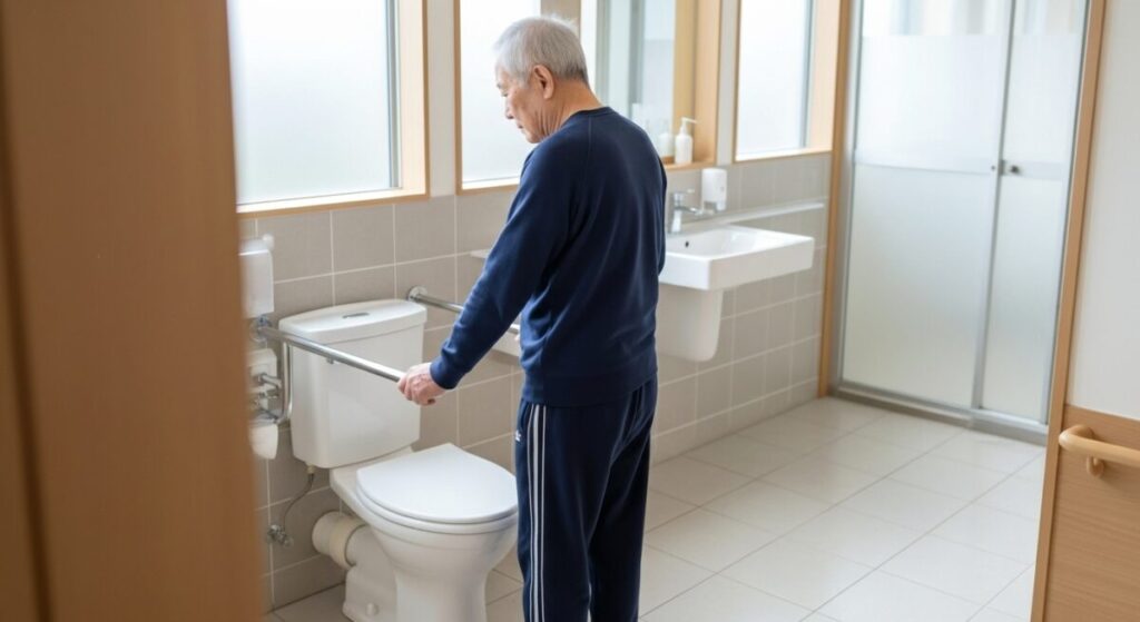 高齢男性が手すりを使いながらトイレ動作をしている場面。排泄介助、自立支援、転倒予防、トイレ動作評価の記事向け。