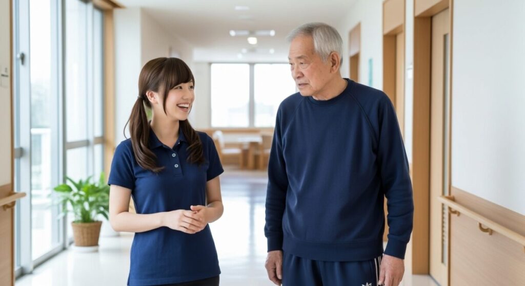若い女性介護職員と高齢男性が廊下で笑顔で会話している。日常的なコミュニケーション、信頼関係、認知症ケアの導入向け。