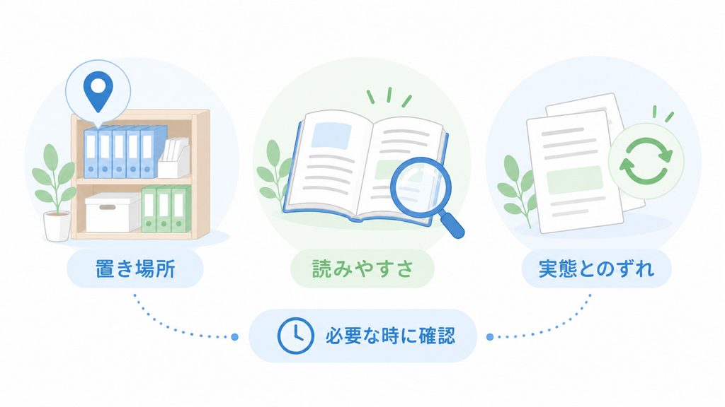 手順書の置き場所、読みやすさ、現場とのずれという三つの確認点を整理した図です。
