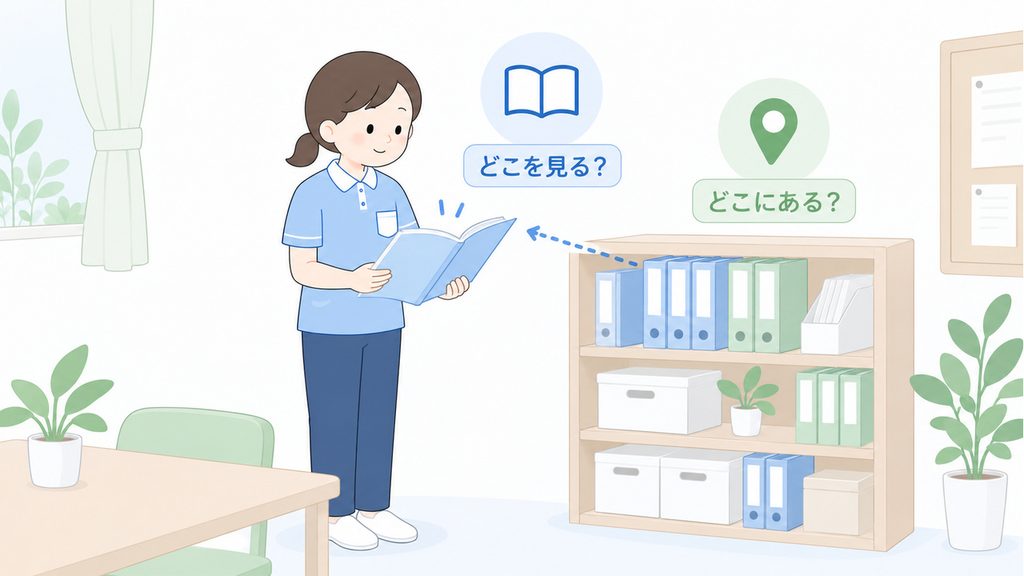 介護職員が実際の置き場所から手順書を開き、必要な箇所を確かめる様子を描いたイラストです。
