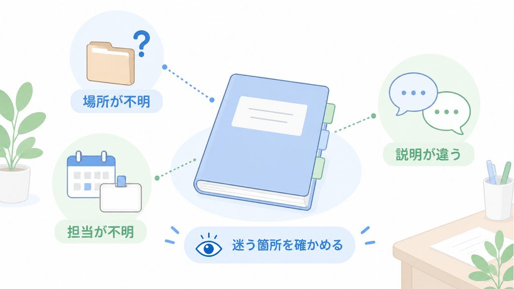 場所、説明、見直す担当が分からないという三つの迷いを、手順書の周りに示した図です。
