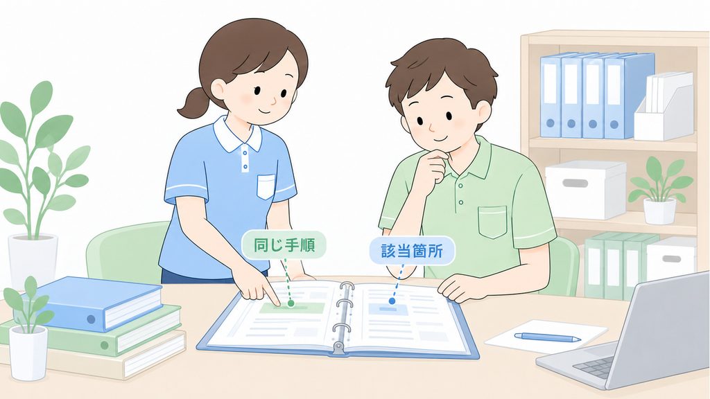 職員同士が一つの手順書の同じ箇所を見て、施設としての説明を確かめるイラストです。
