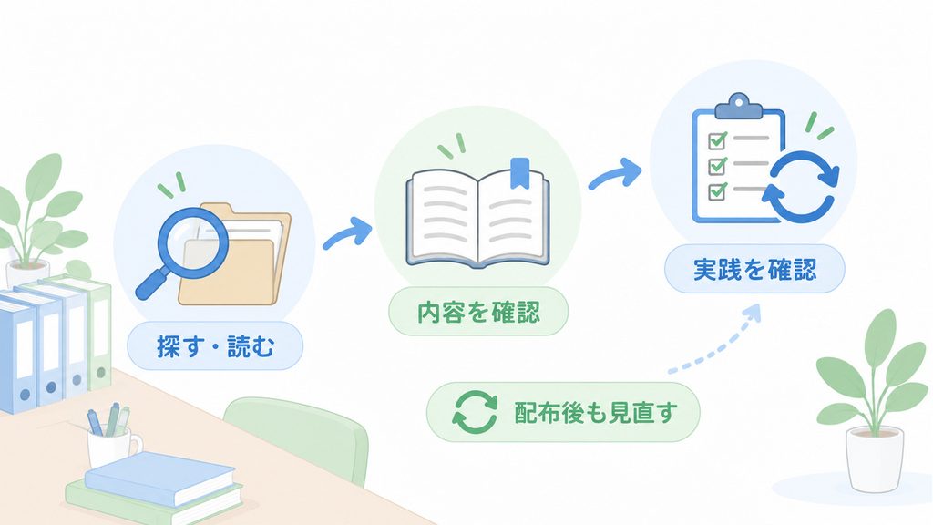 手順を探して読む段階から内容と実践の確認へ進み、配布後も見直す視点を示した図です。
