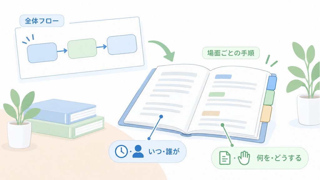 全体の流れと場面ごとの細かな手順を分け、行動するための記載へつなぐ情報の階層図です。
