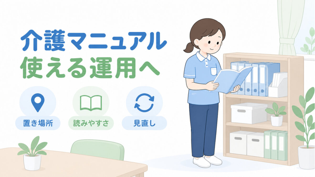 介護職員が手順書を開き、置き場所・読みやすさ・見直しを確認する記事全体のイラストです。