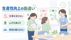 介護リーダーが業務を足す指示を見直し、職員の負担とムダを減らす方向を示すイラストです。