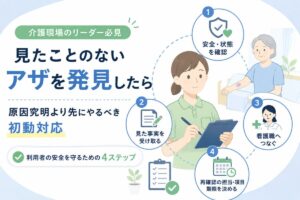介護施設で見慣れないアザを発見した際に、安全確認、事実の記録、看護職への連絡、再確認の担当と期限を決める流れを示した図。