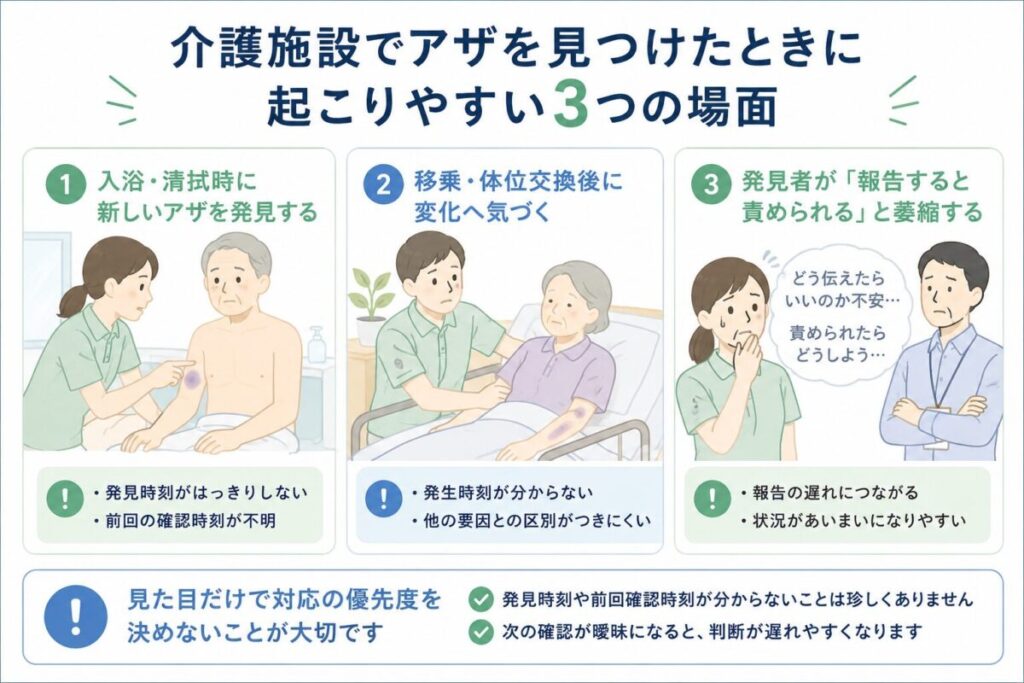 介護施設でアザを発見しやすい入浴・清拭時、移乗・体位交換後、報告者が萎縮する場面と、発見時刻や前回確認時刻が不明になりやすい点を示した図。