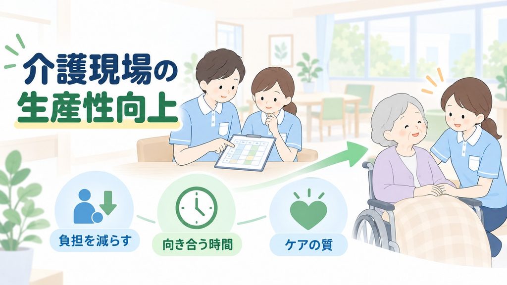 職員の負担を減らし、利用者と向き合う時間とケアの質を守る流れを描いた図解です。