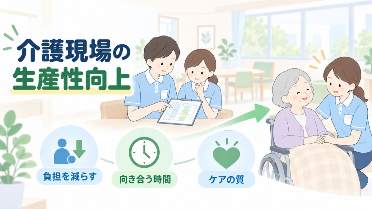 職員の負担を減らし、利用者と向き合う時間とケアの質を守る流れを描いた図解です。