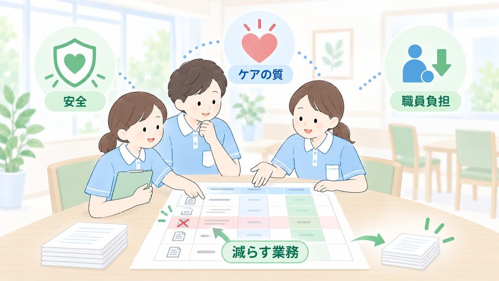 職員が業務表を見直し、安全・ケアの質・職員負担を同時に確認する図解です。