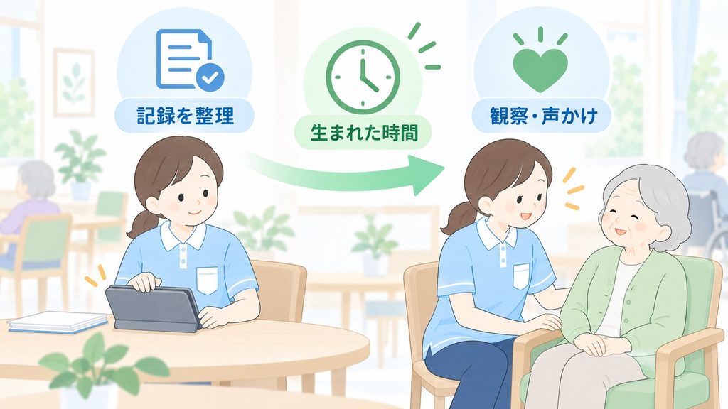 記録整理で生まれた時間を、利用者への観察と声かけに戻す様子を描いた図解です。