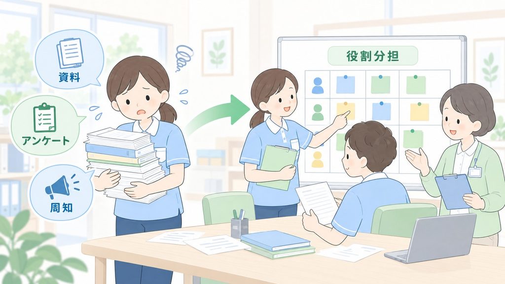 一人に集中した資料作成や周知の仕事を、チームで役割分担し直す様子を描いた図解です。